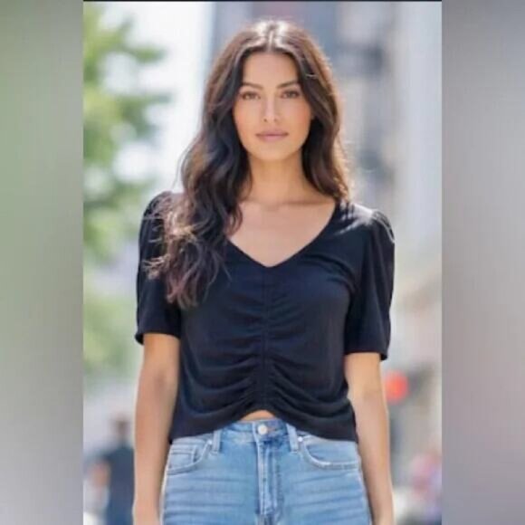 Frame Agnes Jersey Knit Top Blouse Puff Sleeve Ruched Shirred Black V Neck S - Picture 12 of 12